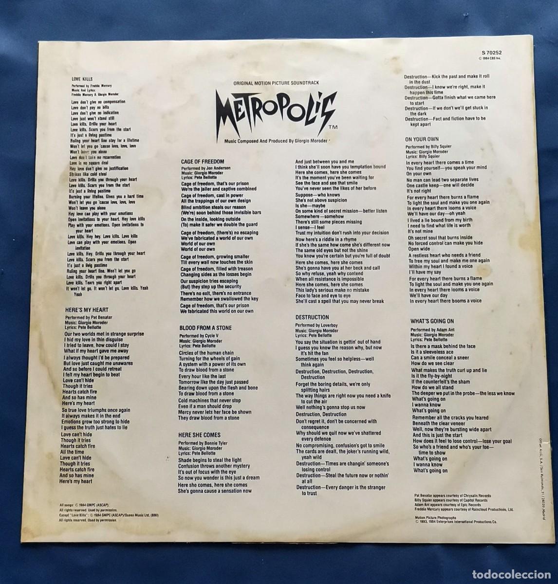 Discos de vinilo: Metropolis LP gatefold 1984 Moroder,F. Mercury, etc - Foto 6