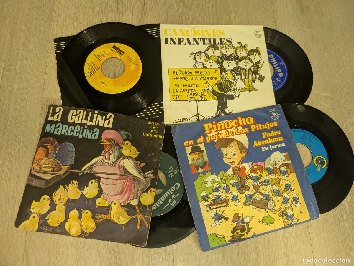 Discos de vinilo: LOTE DE 4 SINGLES DE MUSICA INFANTIL - LOS PITUFOS , LA GALLINA MARCELINA, REGALIZ, Y VARIAS MAS ,