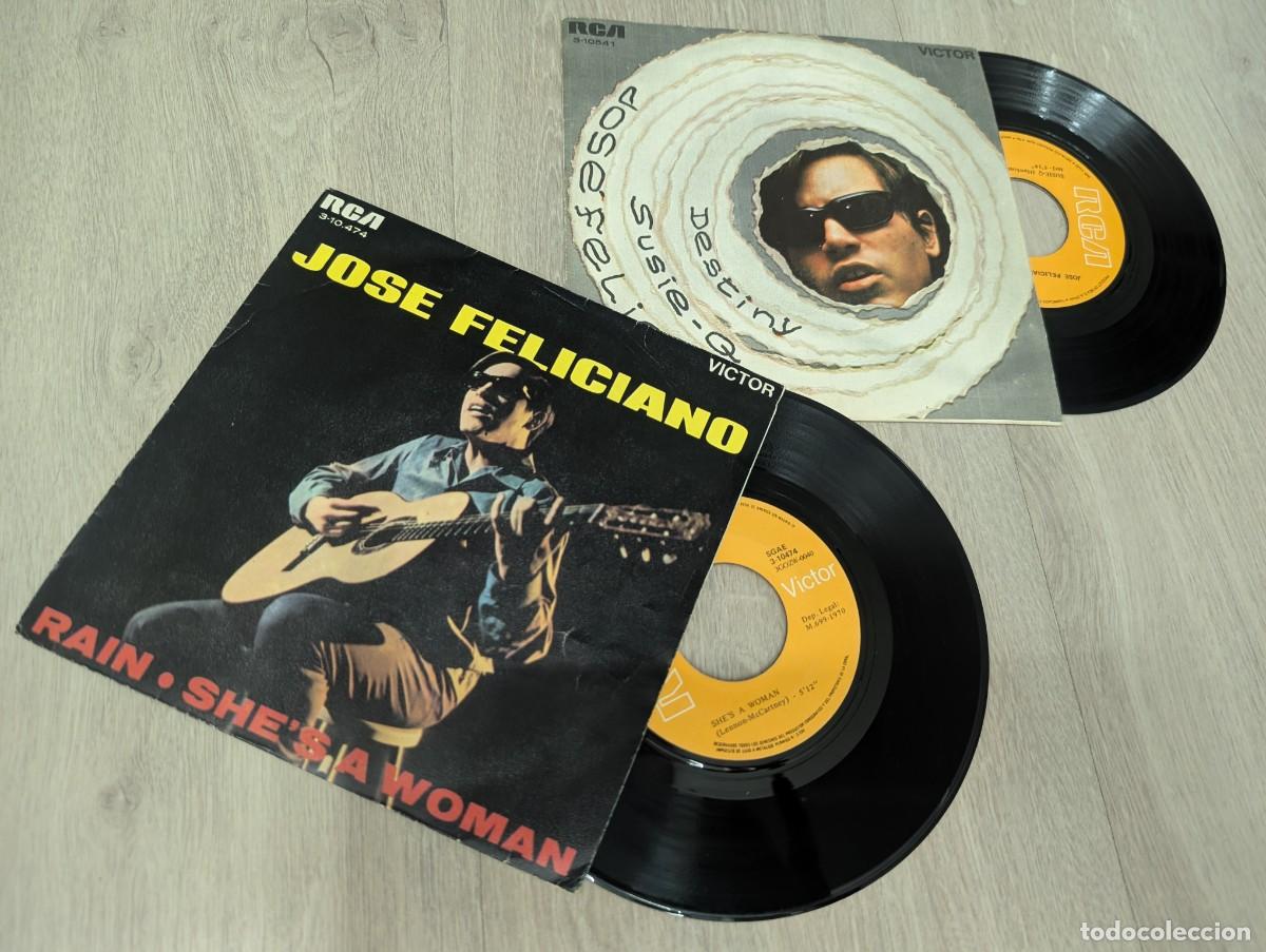 Discos de vinilo: JOSE FELICIANO - LOTE DE 2 SINGLES INTERNACIONALES - DESTINY + 1 + RAIN + 1 - BUEN ESTADO