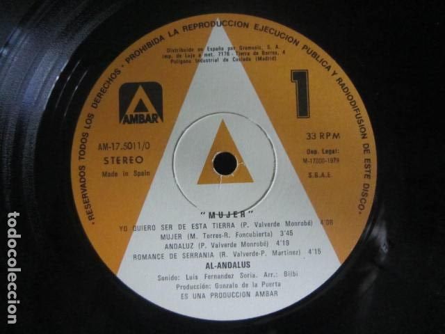 Discos de vinilo: AL-ANDALUS - MUJER LP - ORIGINAL ESPA&Ntilde;OL - AMBAR RECORDS 1979 - STEREO - SIN FUNDA -