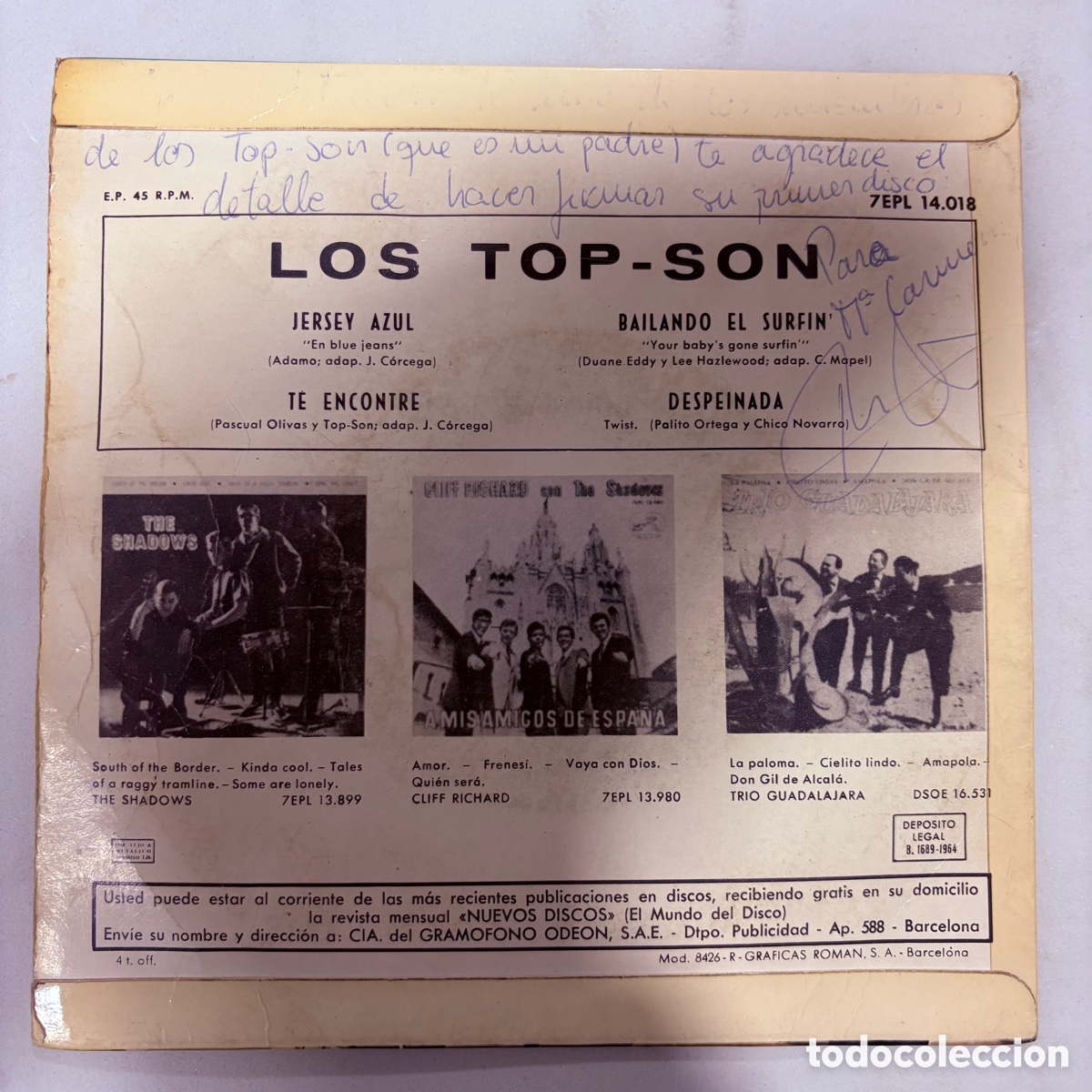 Discos de vinilo: single ep 7 Los Top-Son Jersey Azul de 1964 - Foto 2