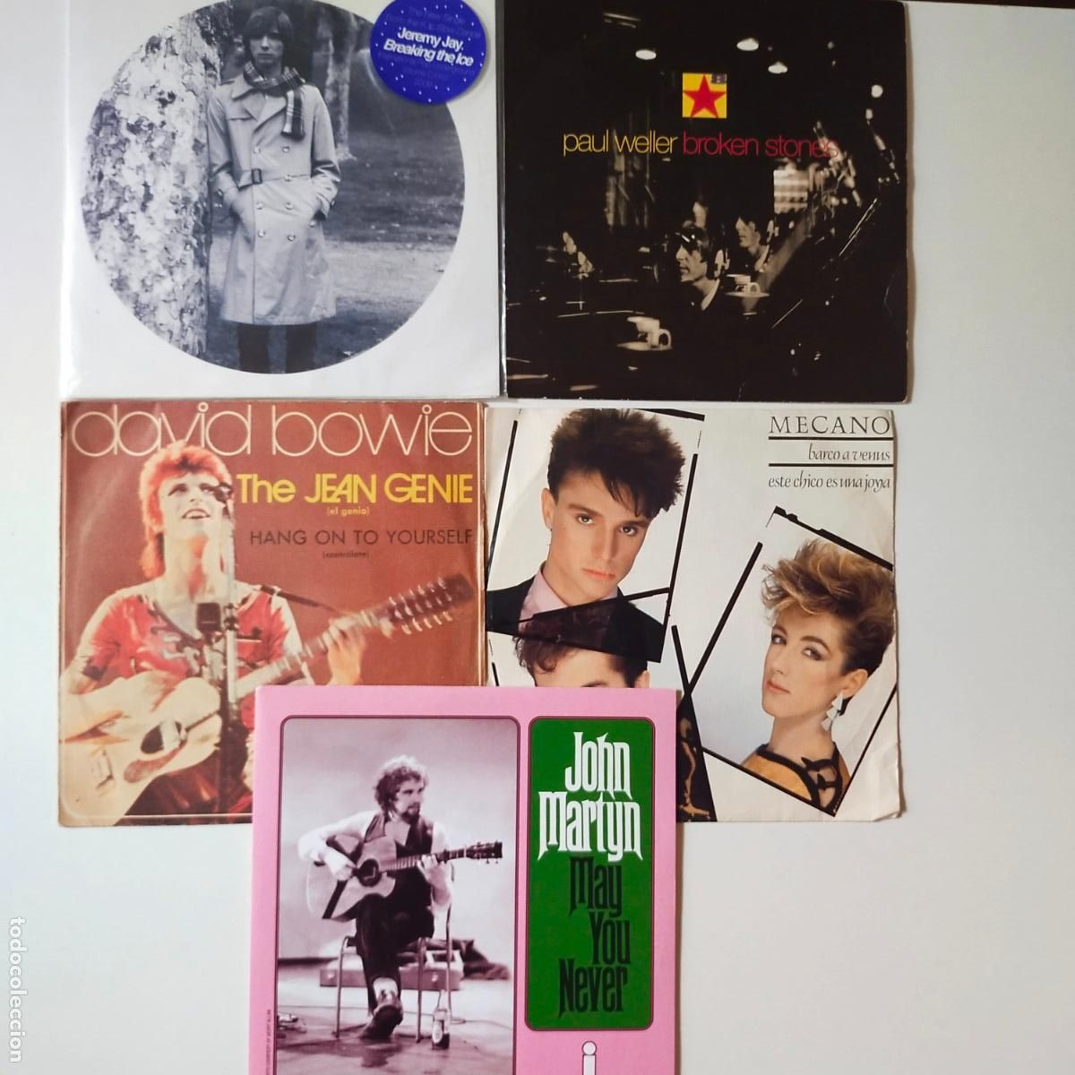 Discos de vinilo: LOTE DE 5 SINGLES- DAVID BOWIE-MECANO-PAUL WELLER-JOHN MARTIN-JEREMY JAY.