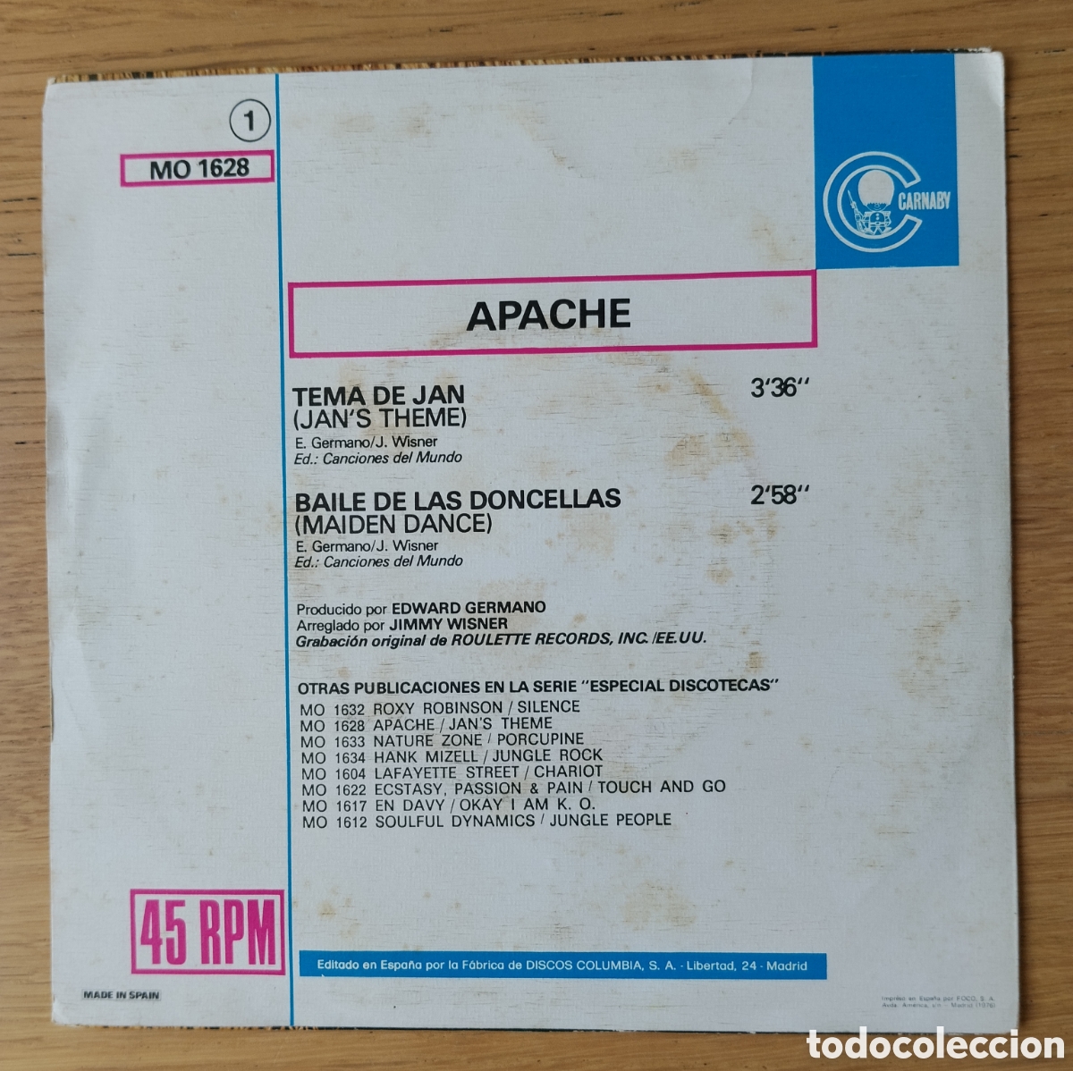 Discos de vinilo: APACHE : &rdquo;JANS THEME&rdquo; SINGLE VINILO 1976 - DISCO -FUNK - Foto 2
