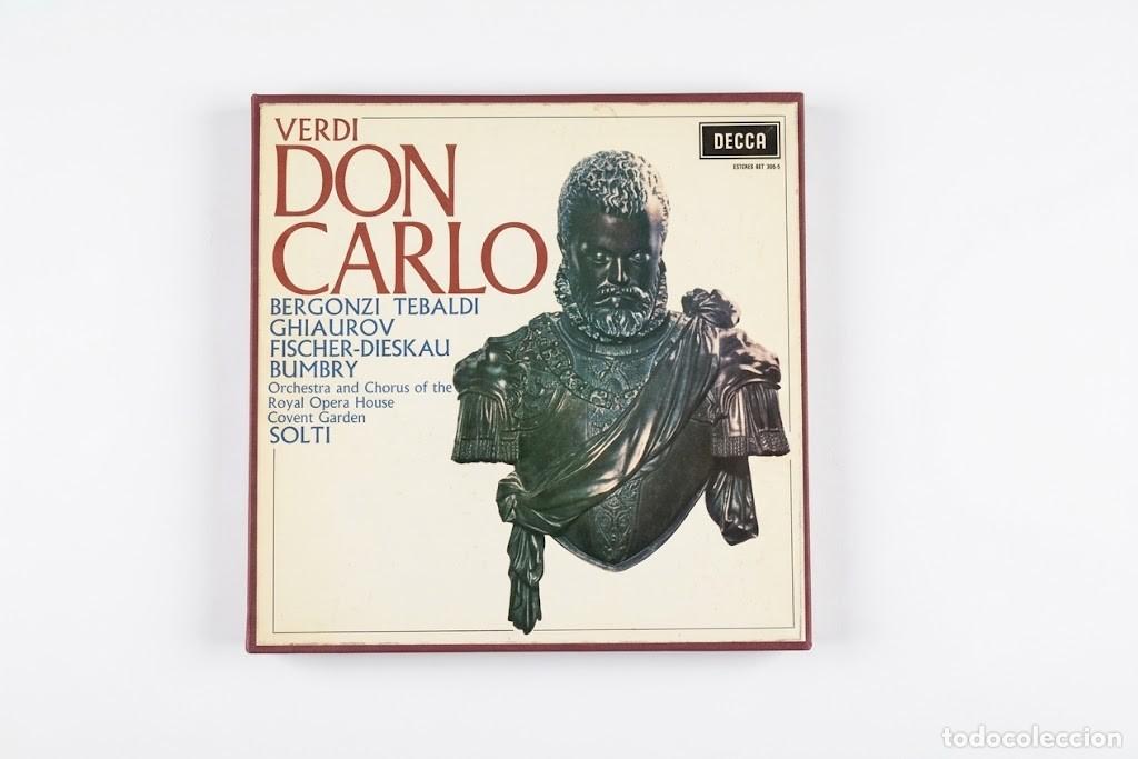 Discos de vinilo: VERDI DON CARLO - GEORG SOLTI BERGONZI TEBALDI FISCHER DIESKAU - CAJA 4 LP + LIBRO - DECCA WIDE 1966