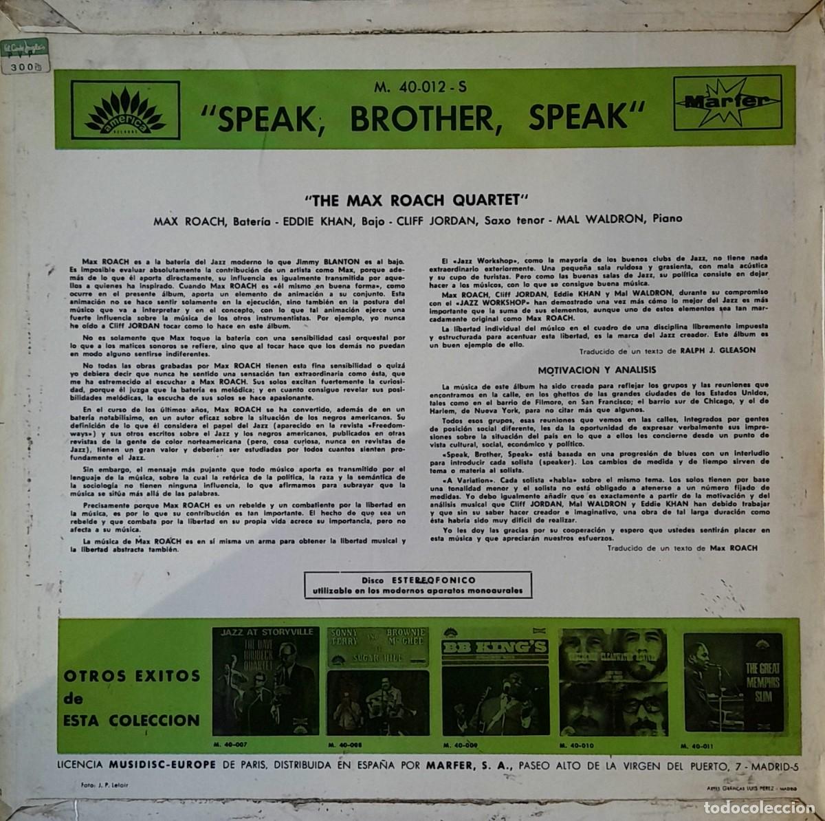 Discos de vinilo: MAX ROACH QUARTET. Speak, brother, speak! LP. America 1969 - Foto 2