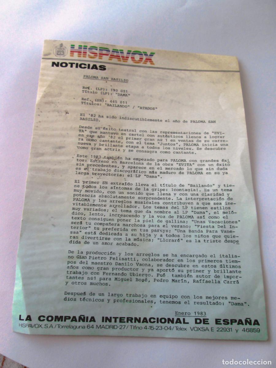Discos de vinilo: HISPAVOX - PALOMA SAN BASILIO - 1983 - COMENTARIO SOBRE LP DAMA - BAILANDO - ATADOS