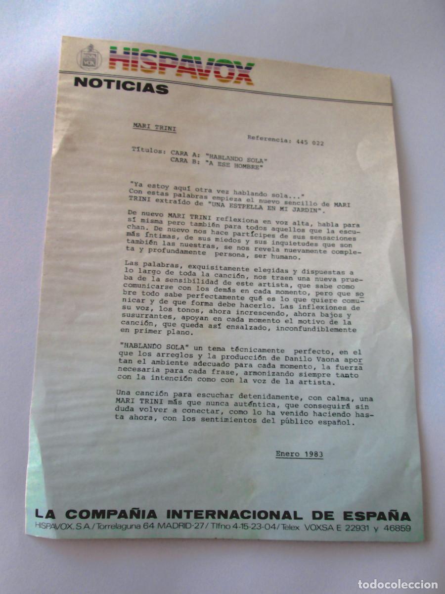 Discos de vinilo: HISPAVOX - MARI TRINII - 1983 - COMENTARIO SOBRE HABLANDO SOLA Y A ESE HOMBRE LP UNA ESTRELLA EN MI