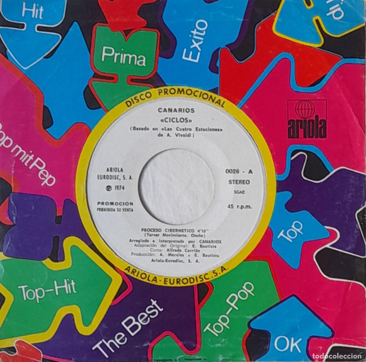 Discos de vinilo: CANARIOS. Proceso cibern&eacute;tico/ Himno a la harmon&iacute;a implacable del fin.Single promocional 1974