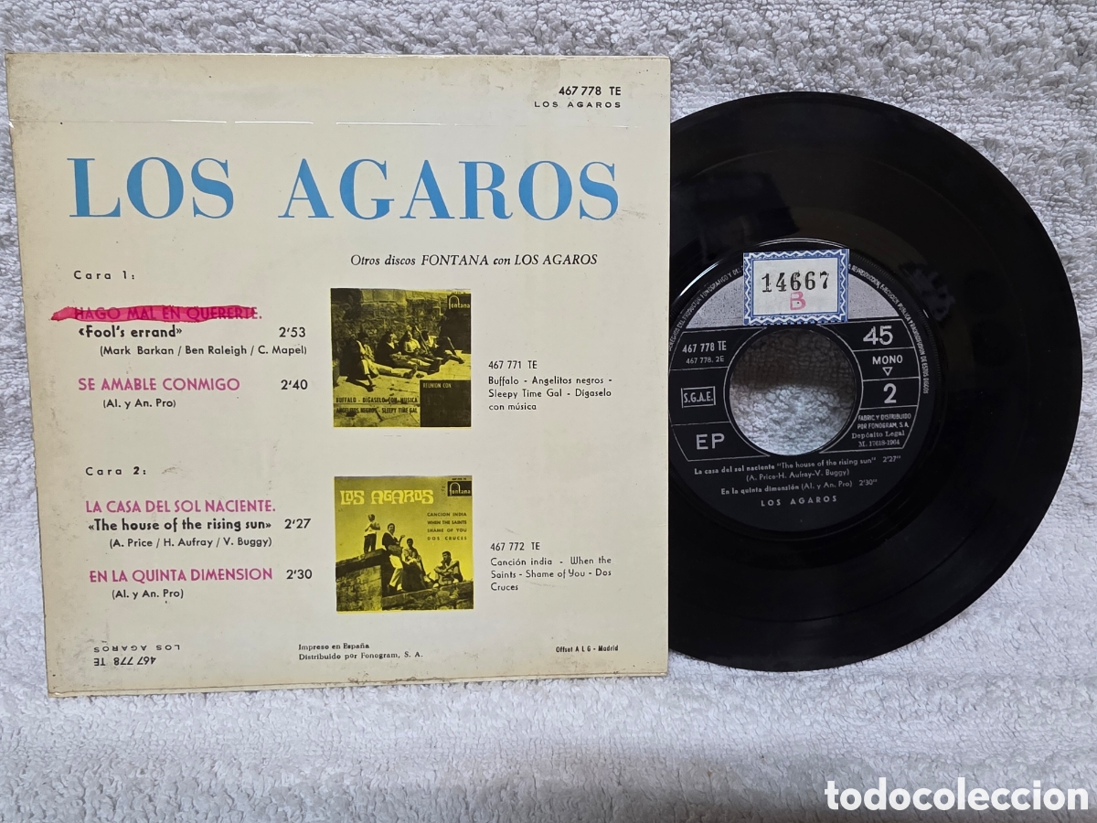 Discos de vinilo: Los Agaros &ndash; La Casa Del Sol Naciente Ep 1964 - Foto 2