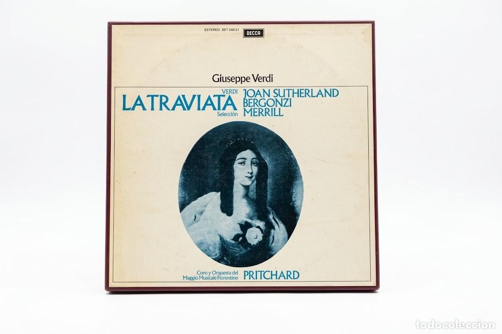 Discos de vinilo: VERDI LA TRAVIATA - JOAN SUTHERLAND CARLO BERGONZI PRITCHARD - CAJA 3 LP + LIBRO - DECCA WIDE 1981