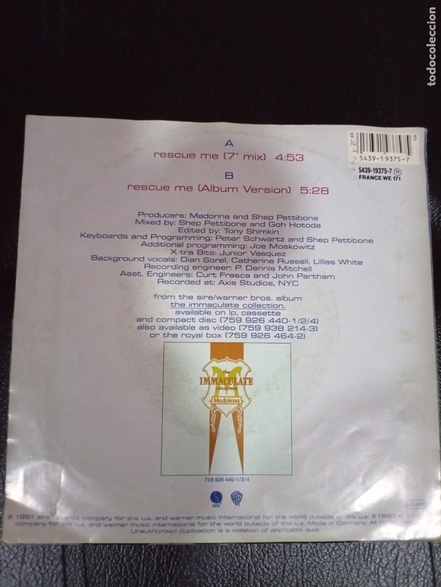 Discos de vinilo: MADONNA - RESCUE ME - 7&rdquo; SINGLE 1991 - Foto 2