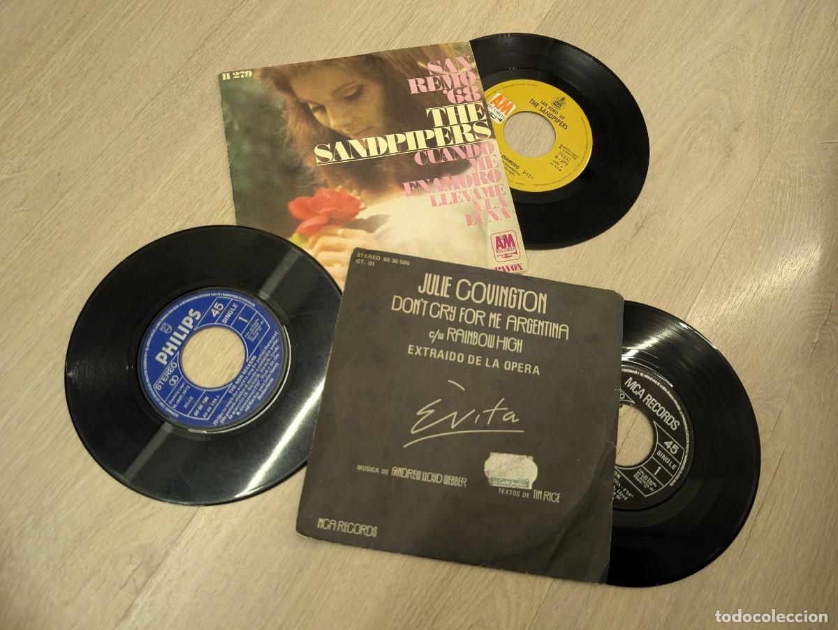 Discos de vinilo: LOTE DE 3 SINGLES VARIOS -THE SANDPIPERS SAN REMO 68 + NEW SEEKERS +EVITA - B.S.O. JULIE CONVINGTON