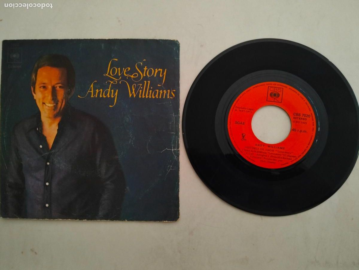 Discos de vinilo: DISCO SINGLE, ANDY WILLIAMS, LOVE STORY, CBS A&Ntilde;O 1971