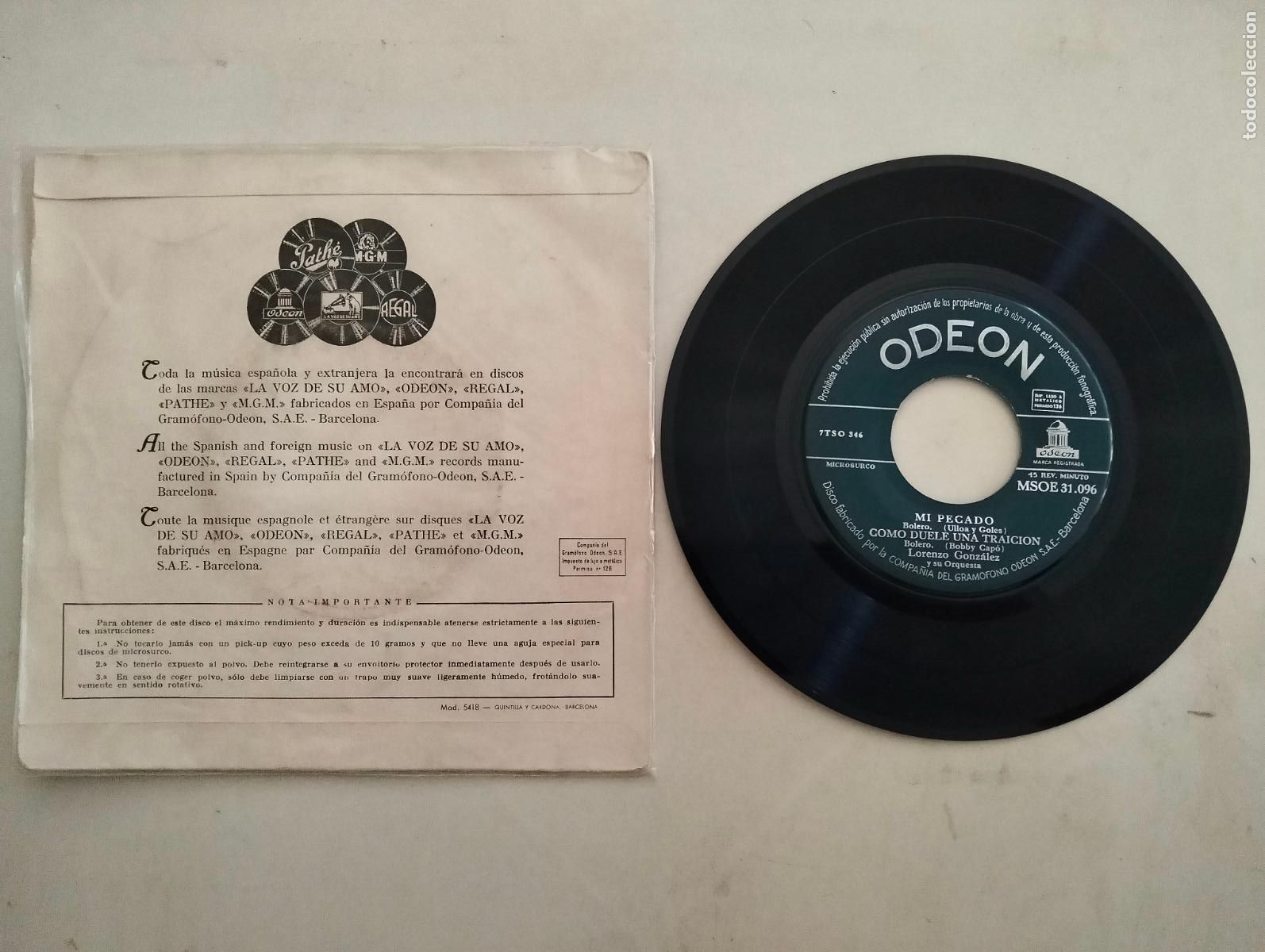 Discos de vinilo: DISCO SINGLE, LORENZO GONZALEZ Y SU ORQUESTA - Foto 2