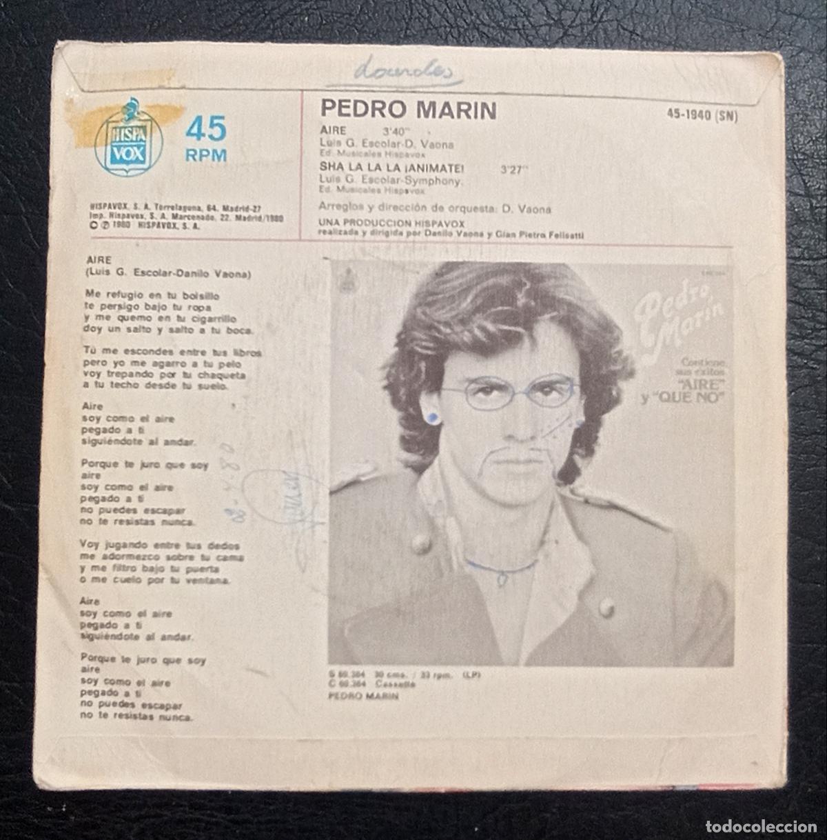 Discos de vinilo: SINGLE PEDRO MARIN - AIRE - HISPAVOX 1980 - Foto 2