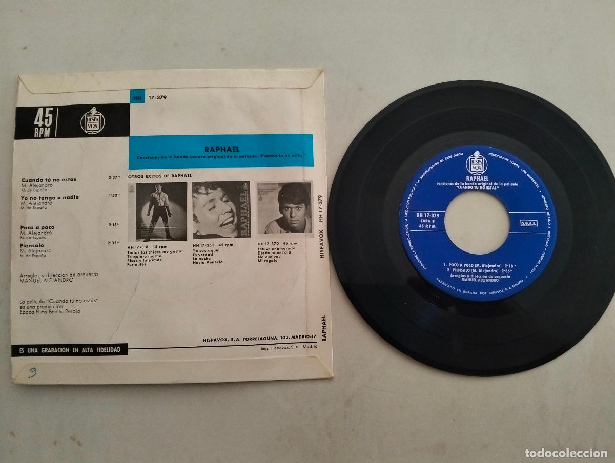 Discos de vinilo: DISCO SINGLE, RAPHAEL, CUANDO TU NO ESTAS - Foto 2