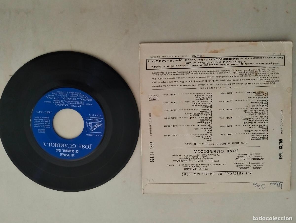 Discos de vinilo: DISCO SINGLE, JOSE GUARDIOLA, LOS EXITOS DE SAN REMO 1962 - Foto 2