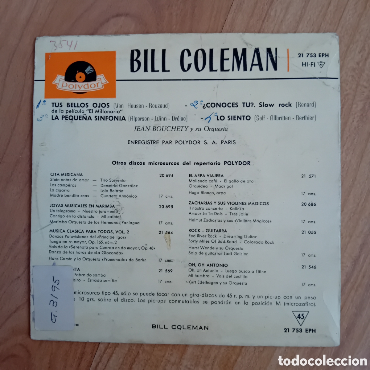 Discos de vinilo: BILL COLEMAN. TUS BELLOS OJOS - Foto 2