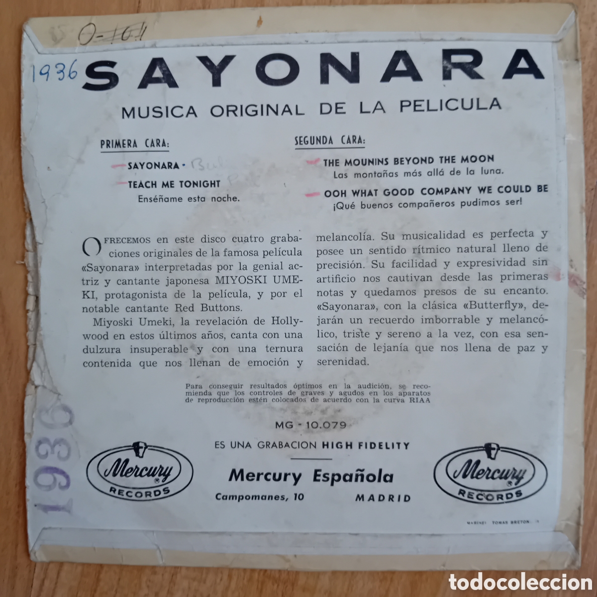 Discos de vinilo: BSO PEL&Iacute;CULA SAYONARA - Foto 2