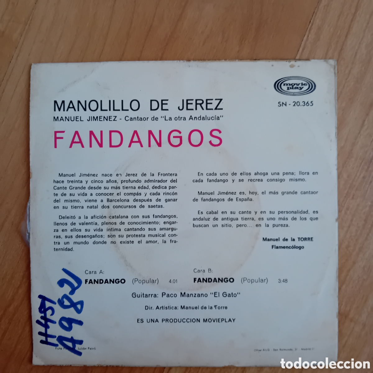 Discos de vinilo: MANOLILLO DE JEREZ. FANDANGOS - Foto 2