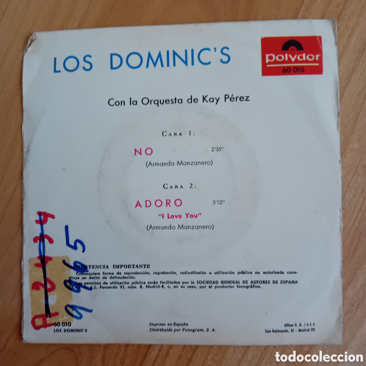 Discos de vinilo: LOS DOMINICS. NO. ADORO - Foto 2