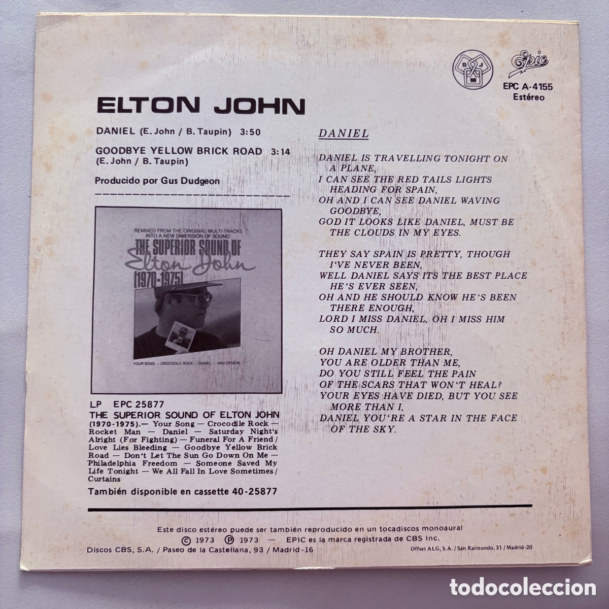 Discos de vinilo: single 7 Elton John &lrm;&ndash; Daniel (Remix Version) edicion espa&ntilde;ola de 1983 - Foto 2