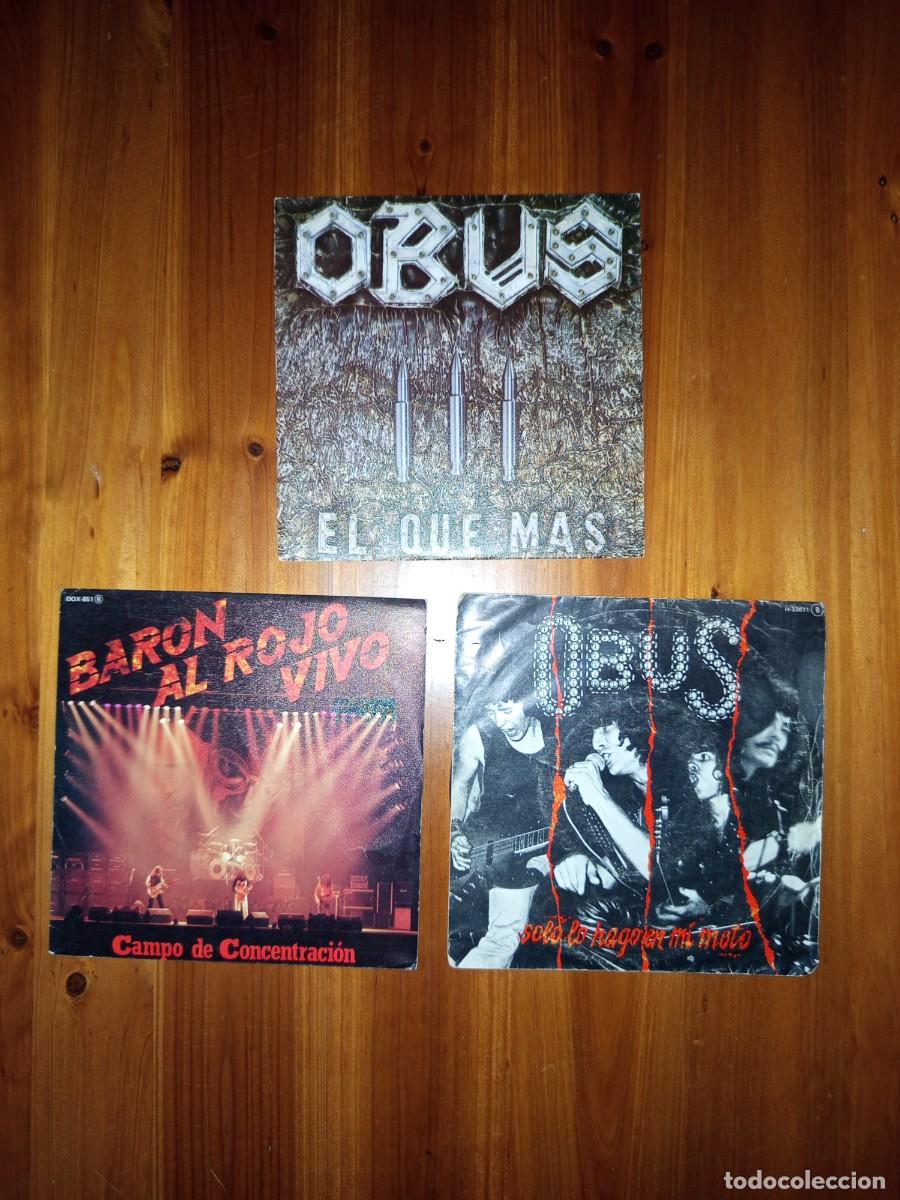 Discos de vinilo: LOTE 3 SINGLES. SINGLE BARON ROJO / CAMPO DE CONCENTRACION, LAS FLORES DEL MAL & 2 SINGLES OBUS.