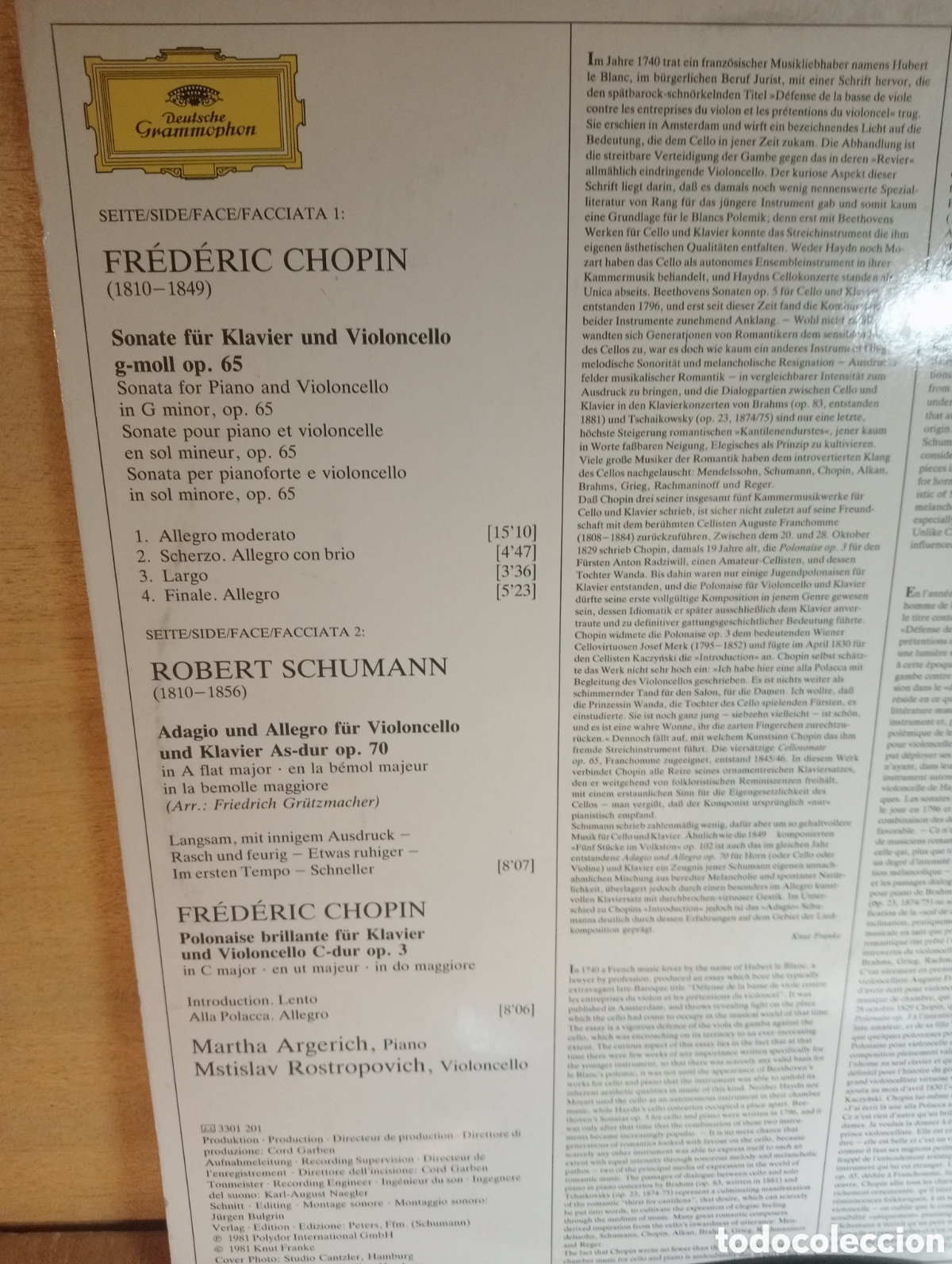Discos de vinilo: Chopin. Schumann. Cello. M. Rostropovich. M.Argerich. - Foto 3