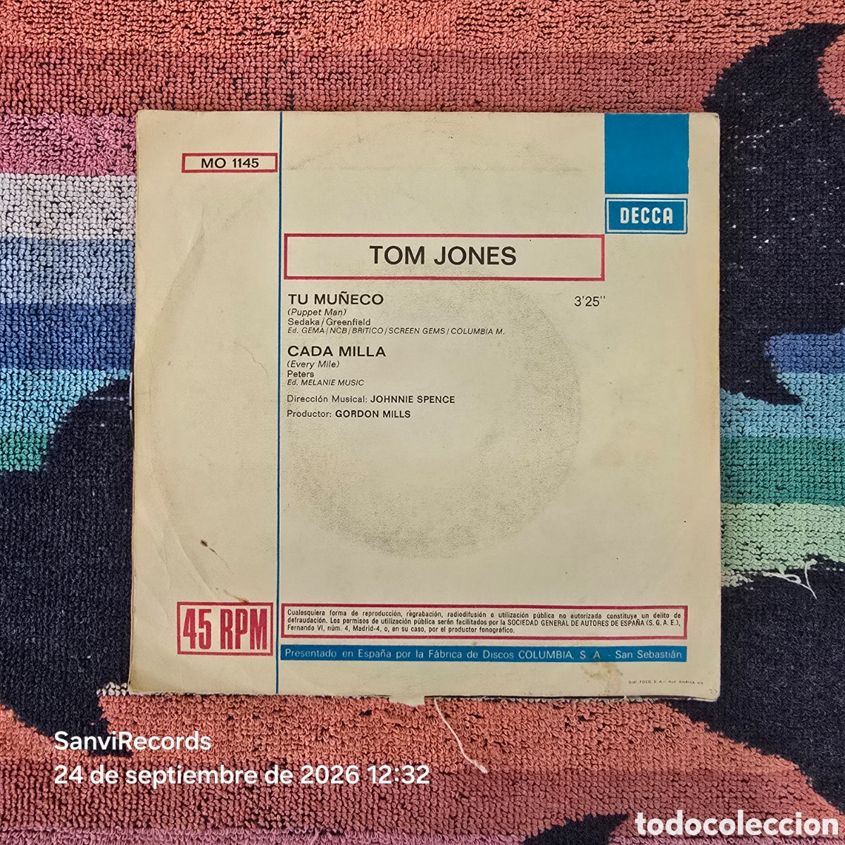 Discos de vinilo: [SINGLE] TOM JONES: TU MU&Ntilde;ECO - CADA MILLA (DECCA) (1971) - Foto 4