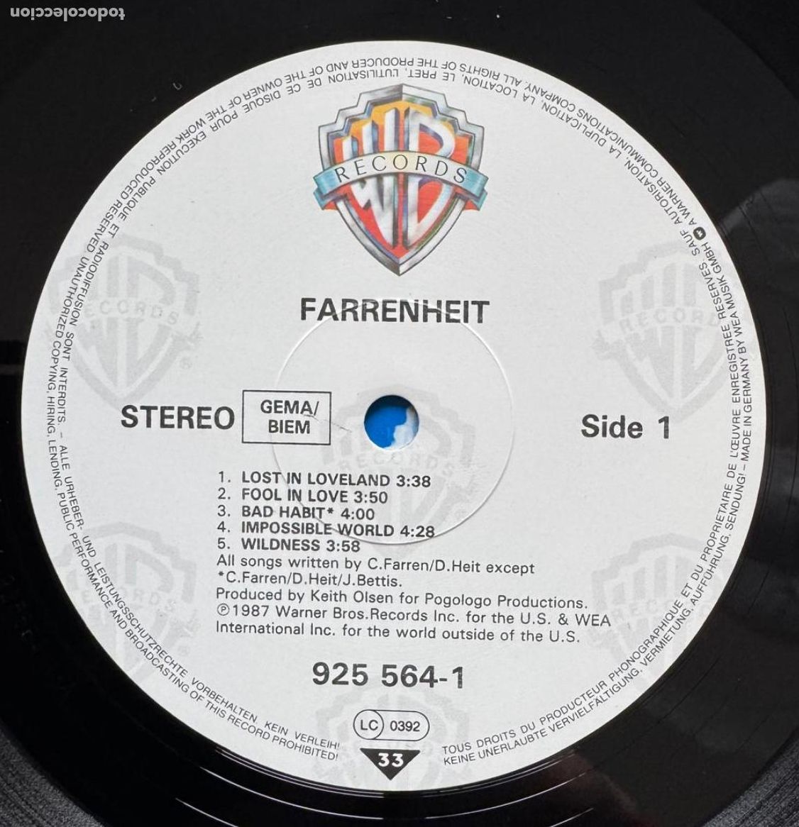 Discos de vinilo: farrenheit 33t farrenheit (germany 1987 wb) VG++ ex - Foto 2