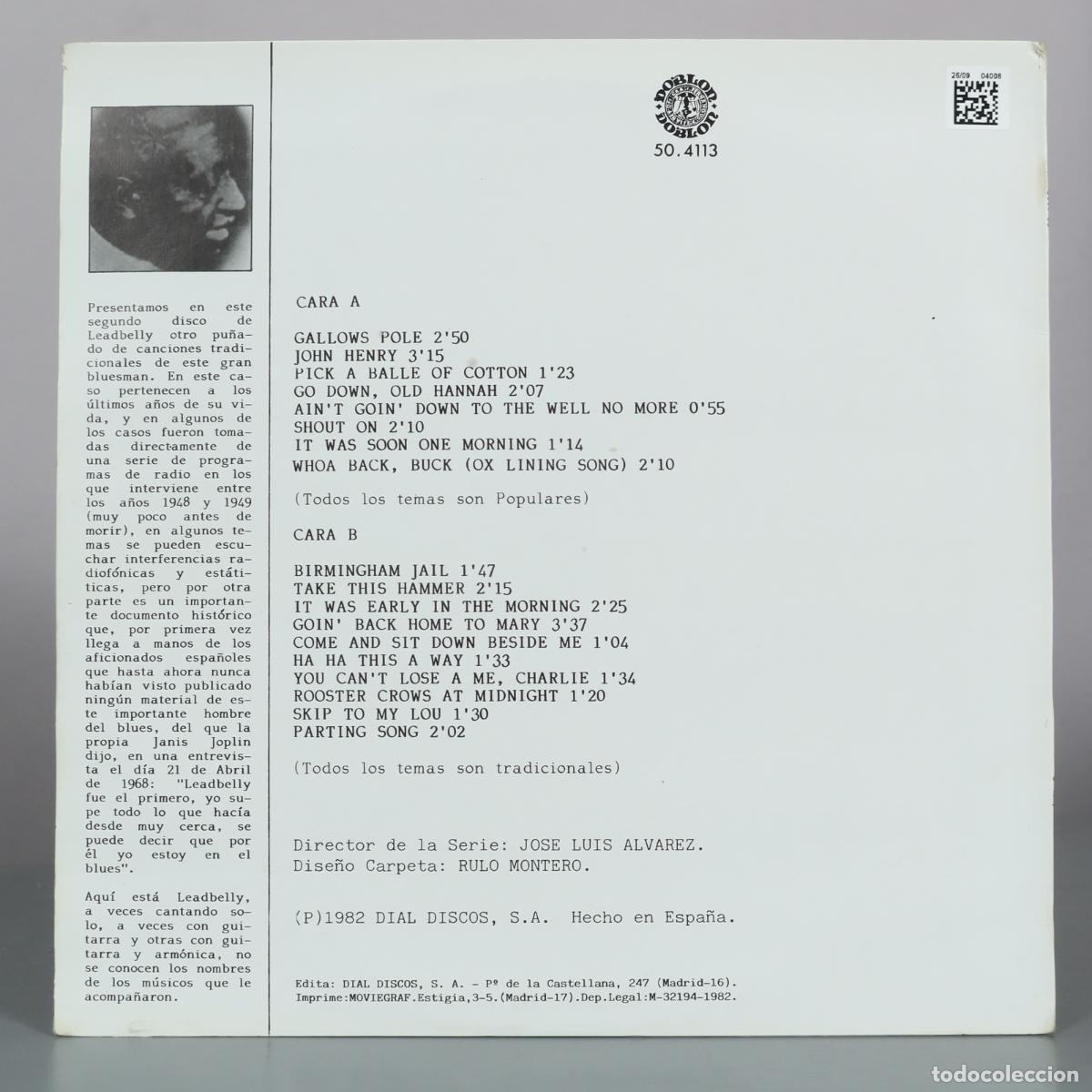 Discos de vinilo: LP. Leadbelly Vol. 2 - Dial Discos - Foto 2