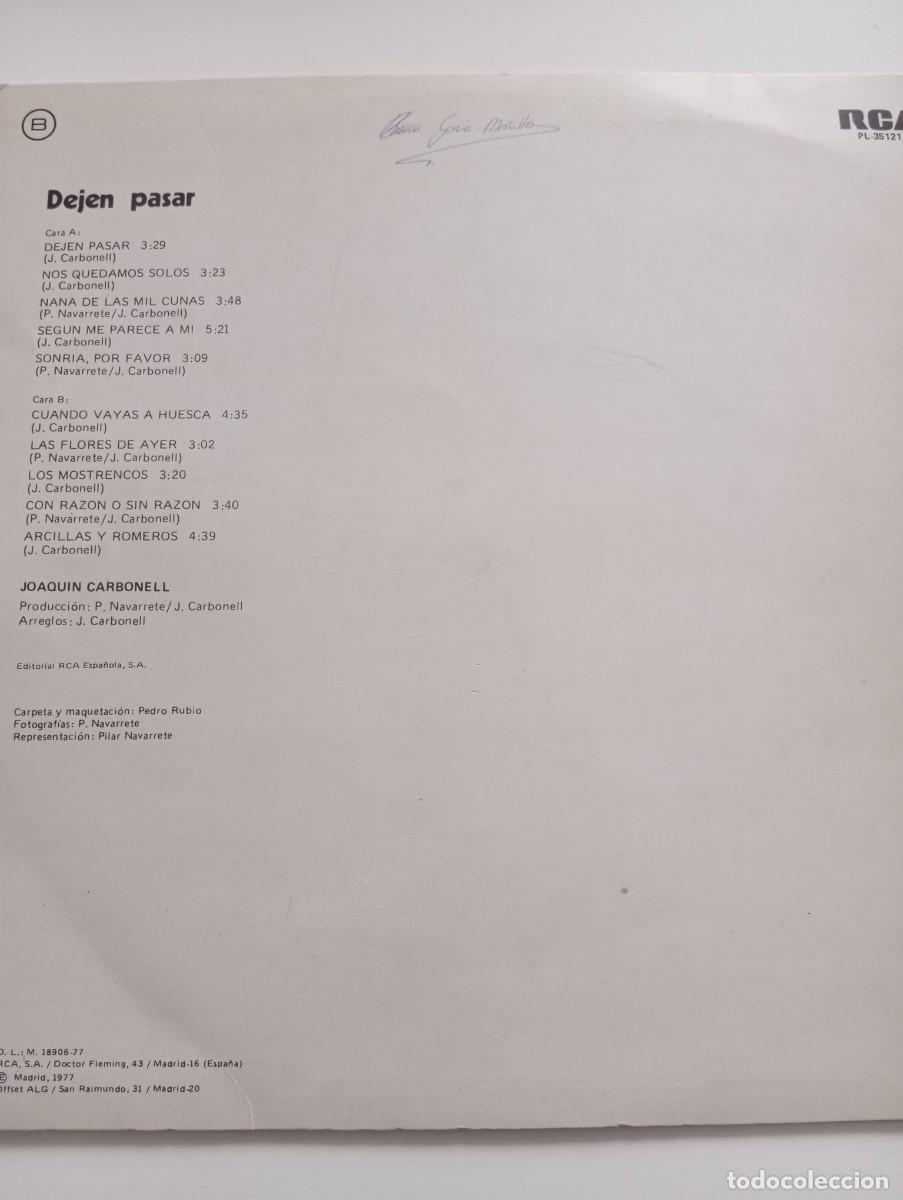 Discos de vinilo: JOAQU&Iacute;N CARBONELL, DEJEN PASAR, VINILO - Foto 2