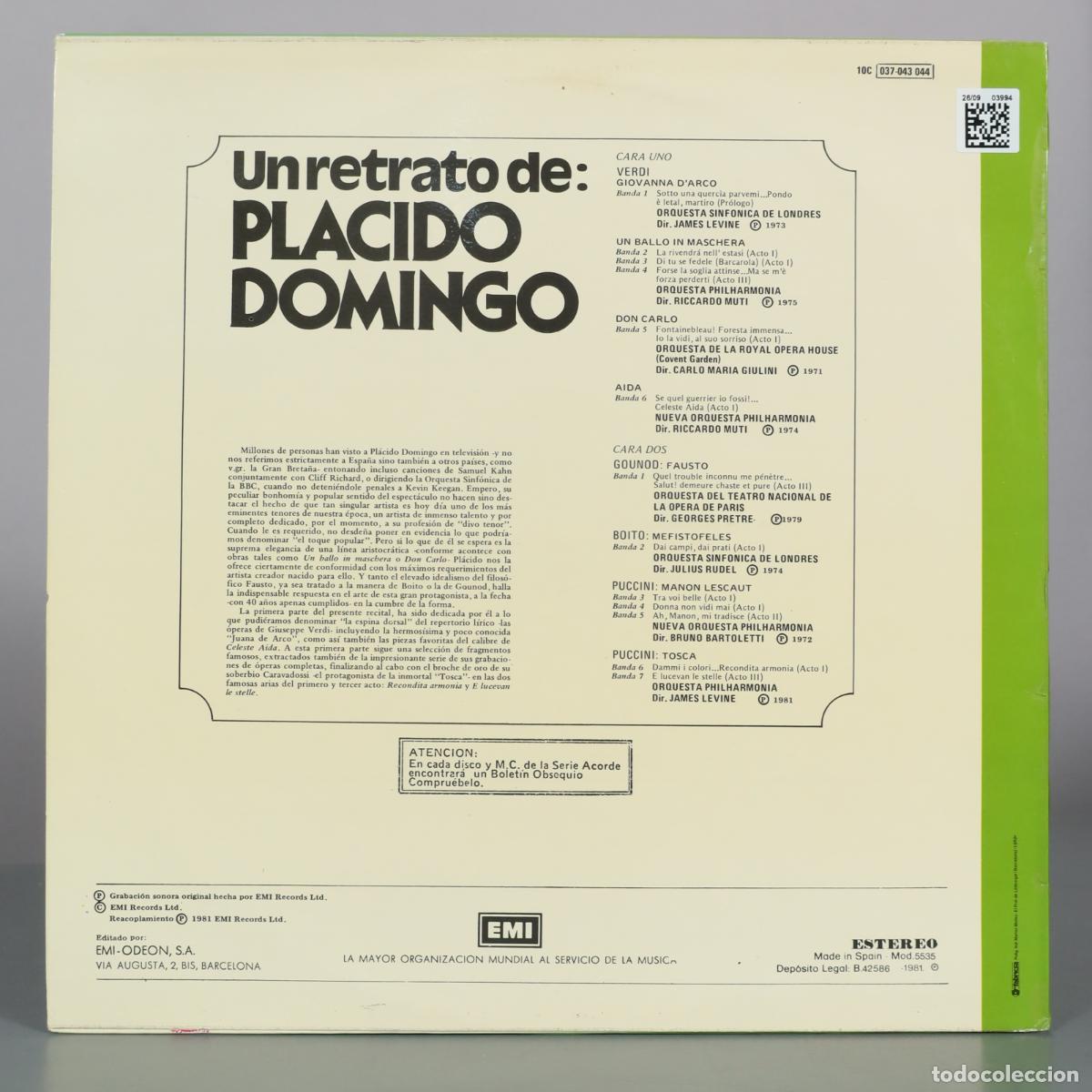 Discos de vinilo: LP. Un retrato de: Placido Domingo - EMI-Odeon - Foto 2