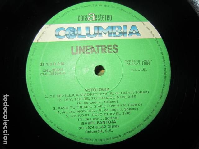 Discos de vinilo: ISABEL PANTOJA - ANTOLOGIA LP - EDICION ESPA&Ntilde;OLA - COLUMBIA RECORDS 1986 - ESTEREO -