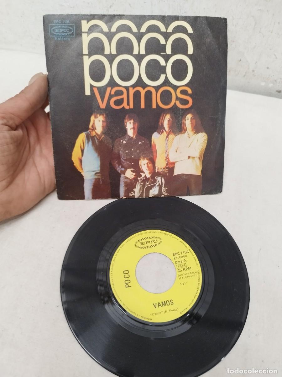 Discos de vinilo: 7 pulgadas del sencillo &laquo;Vamos&raquo; (C'mon) de la banda de country rock estadounidense Poco.