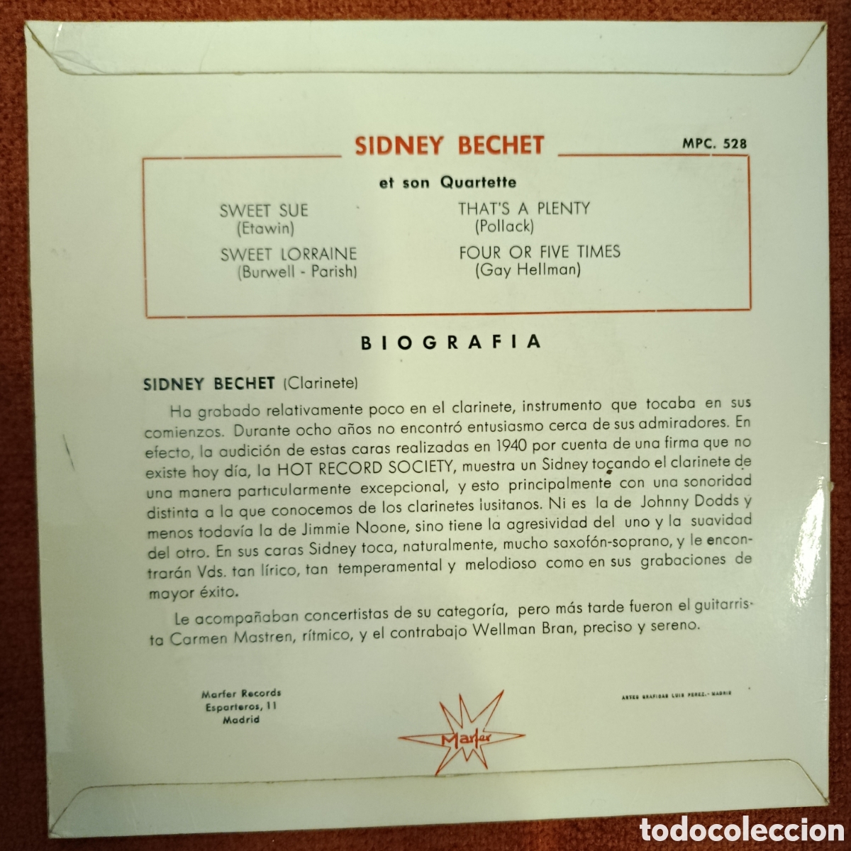 Discos de vinilo: Sweet Sue/Sweet Lorraine/Thats A Plenty/Four Or Five Times. Sidney Bechet et son quartette. - Foto 2