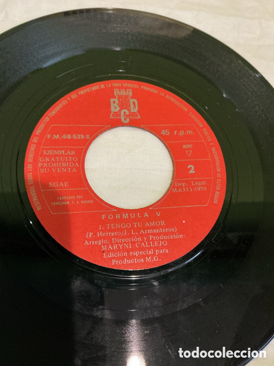 Discos de vinilo: F&oacute;rmula V &ndash; Tengo tu amor &ndash; Single promocional - Foto 4