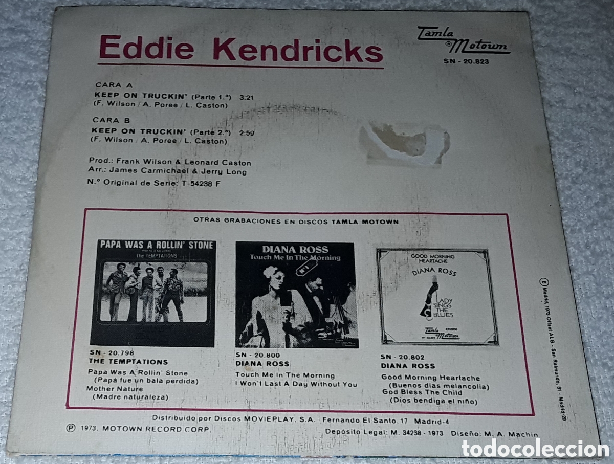 Discos de vinilo: SG - EDDIE KENDRICKS - KEEP ON TRUCKIN - Foto 2