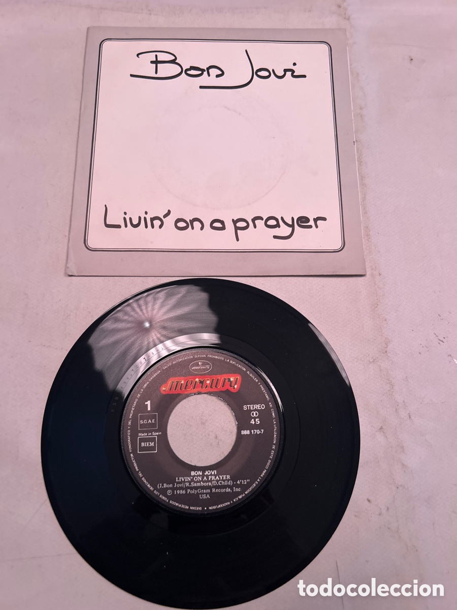 Discos de vinilo: Disco de vinilo Single Bon Jovi. Livin &lsquo; on a prayer