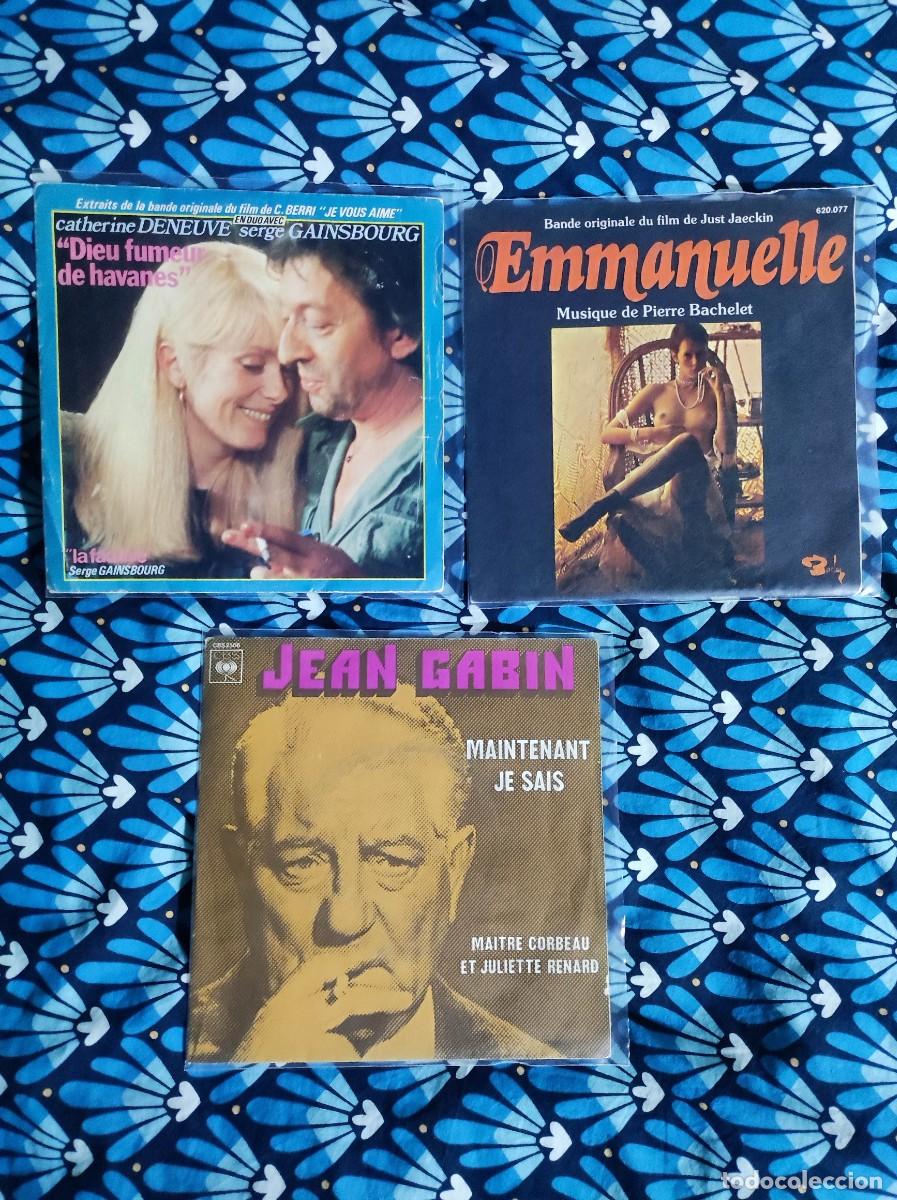 Discos de vinilo: Lote 3 Vinilos 45 RPM - Gainsbourg & Deneuve, Jean Gabin, Emmanuelle (Ediciones Fr)