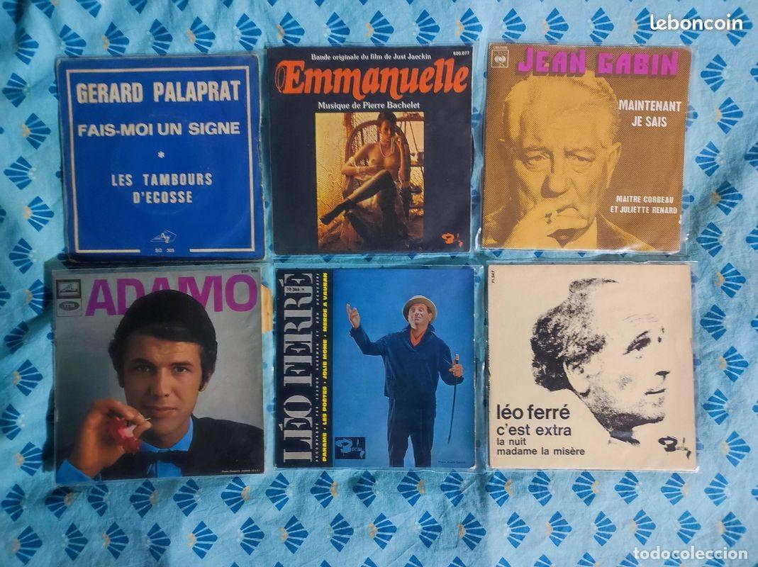 Discos de vinilo: Lote 6 Vinilos 7&rdquo; / EP - L&eacute;o Ferr&eacute;, Adamo, Jean Gabin, Emmanuelle (Ediciones Fr)