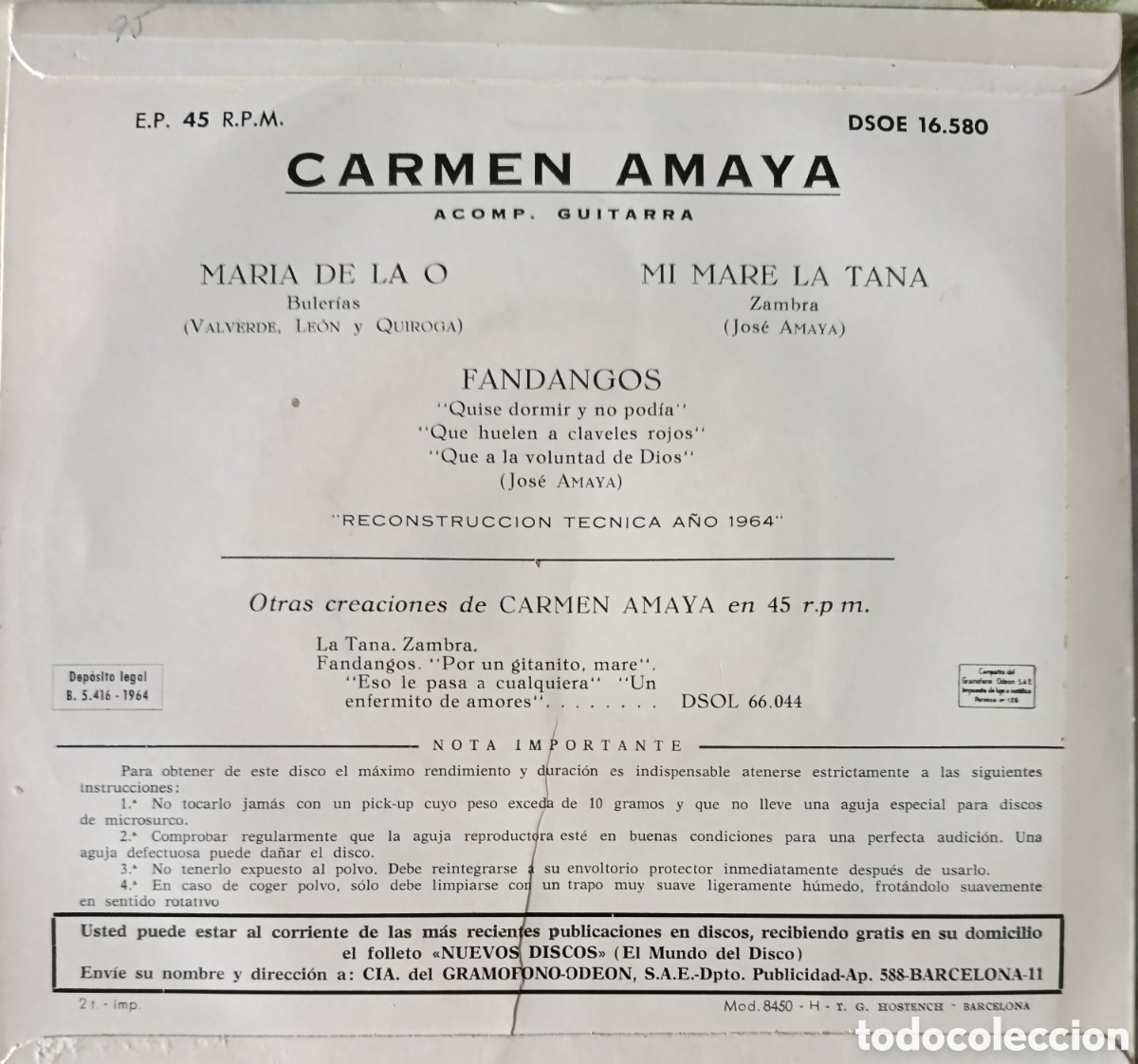 Discos de vinilo: Carmen Amaya Ep sello Ode&oacute;n editado en Espa&ntilde;a. - Foto 2