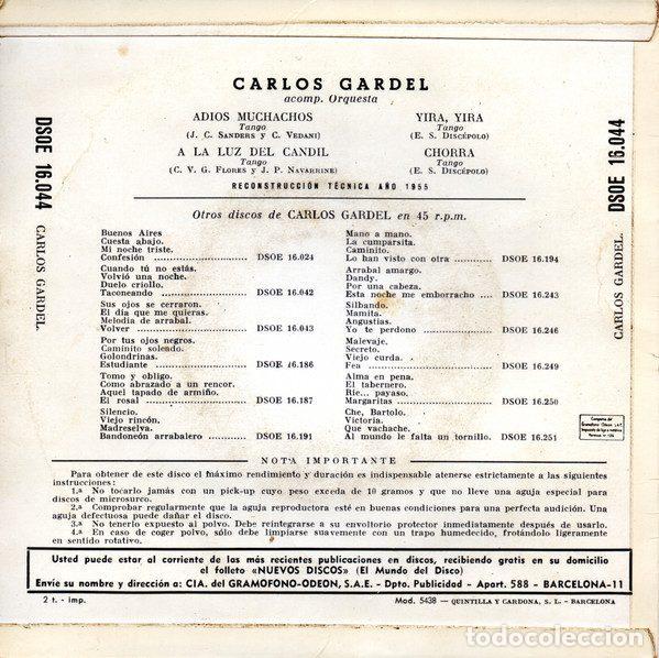 Discos de vinilo: Carlos Gardel &ndash; Adi&oacute;s Muchachos (Vinyl, Odeon DSOE 16.044) - Foto 2