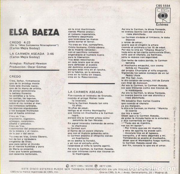 Discos de vinilo: Elsa Baeza &ndash; Credo (Vinyl, CBS CBS 5554) - Foto 2