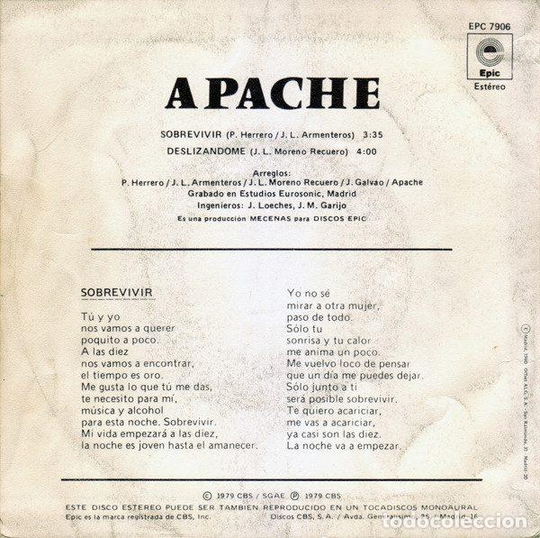 Discos de vinilo: Apache &ndash; Sobrevivir (Vinyl, Epic EPC 7906) - Foto 2