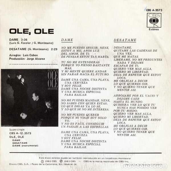 Discos de vinilo: Ole Ole &ndash; Dame (Vinyl, CBS CBS A 3573) - Foto 2