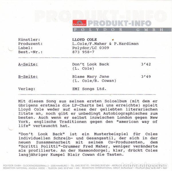 Discos de vinilo: Lloyd Cole &ndash; Dont Look Back (Vinyl, Polydor 873 958-7) - Foto 5