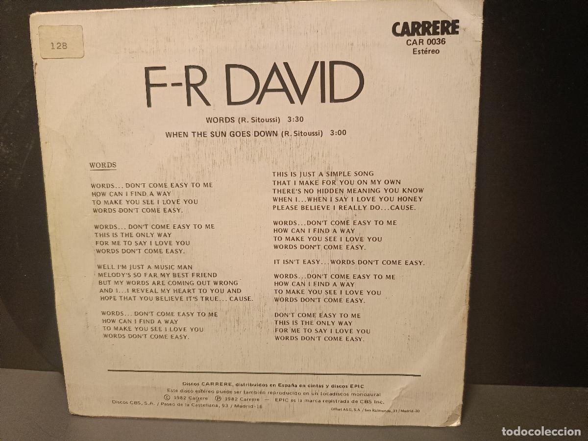 Discos de vinilo: FR DAVID-WORDS 1982 single PROMO PEPETO - Foto 2