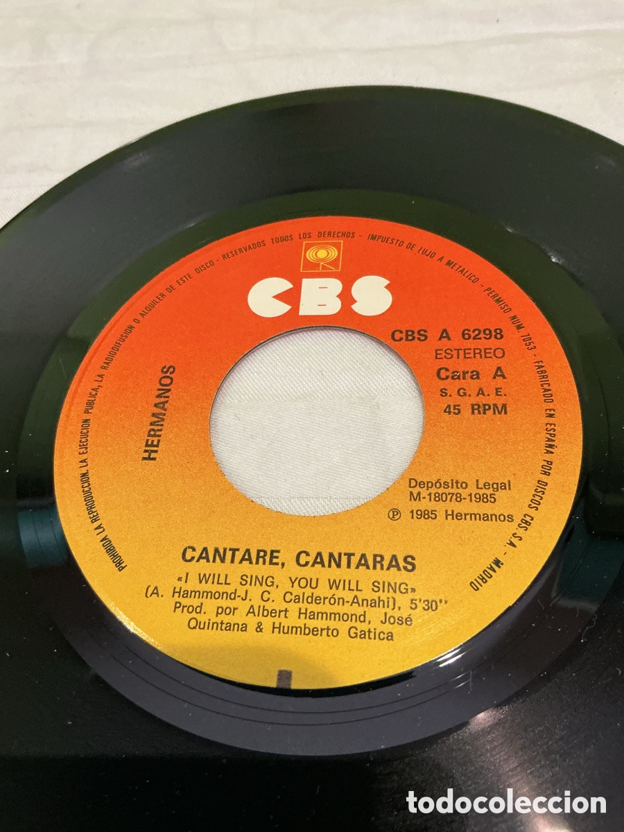 Discos de vinilo: Hermanos &ndash; Cantar&eacute;, cantar&aacute;s &ndash; Single 1985 - Foto 4
