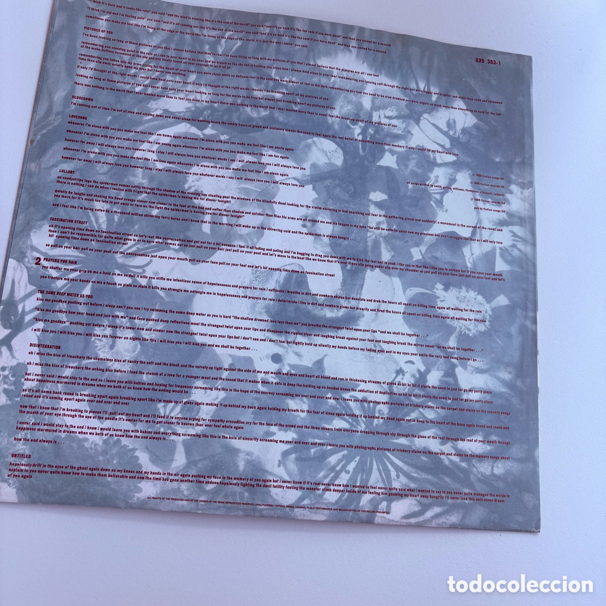 Discos de vinilo: Lp the cure disintegration edici&oacute;n espa&ntilde;ola de 1989 - Foto 4
